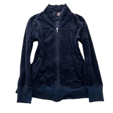 Vintage Juicy Couture Women's Navy Blue Velour Track Jacket Pockets Y2K Size L