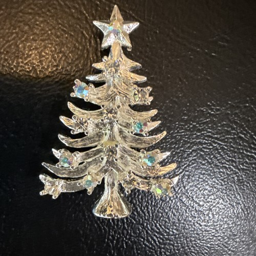 Vintage Eisenberg Ice Christmas Tree Brooch Silver Tone Clear AB Rhinestones