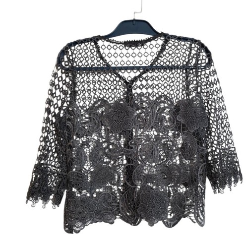 Black Crochet Lace Kimono Cardigan Sheer Boho Floral Open Front Top Lightweight - Afbeelding 4 van 13