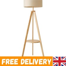 Image of Modern Tripod Floor Lamp with Storage Shelf & Beige Drum Shade - Elegant Décor