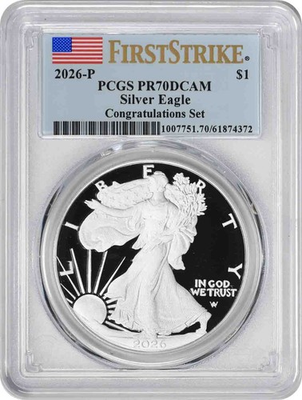 #ad #ad 2026 P $1 American Silver Eagle Congratulations Set PR70DCAM First Strike PCGS $551.25
