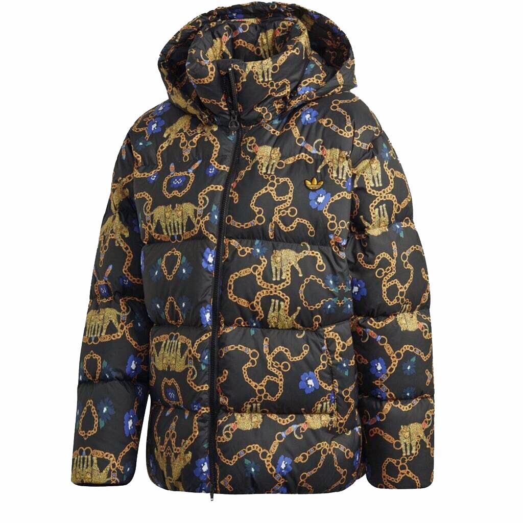 ADIDAS DOWN FILL HOODED PUFFER JACKET LEOPARD CHAIN BLACK