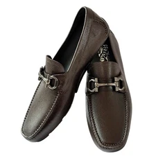 Ferragamo PARIGI  Gancini Dark Brown Pebble Leather Men's Driver Loafers