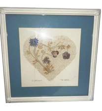 Vintage 90s SIGNED Art Dried Pressed Flowers Leaf Collage Wood Frame Heart