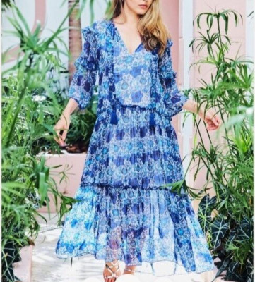 Debbie Katz Mariah Chiffon Midi Dress LARGE Blue Paisley Tiered Flowy Boho dress