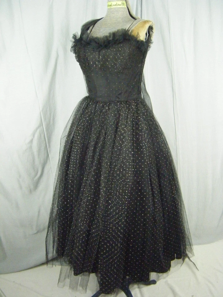 Vintage 50-60s Noir Or Eclats Ruche sans Bretelle Fête Robe A / / Wrap-Bust 31/ - Photo 4/4