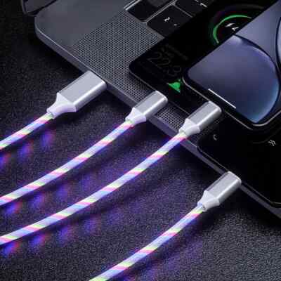 3in1 LED Light Up Fast Cellphone Charger Cable USB iPhone Android Type C Rainbow
