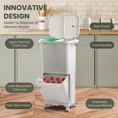 32/45L Kitchen Bin Waste Sorting Trash Bins Garbage Recycling Wheels Dustbin AU - Picture 2 of 12