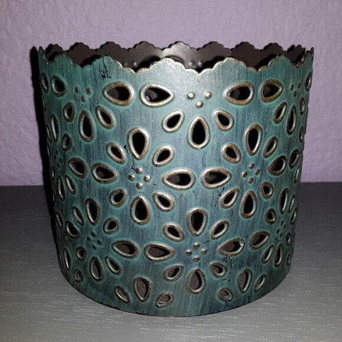 Bath & Body Works Green Patina Brass Candle Holder Eyelet Lace Cut-Outs Boho