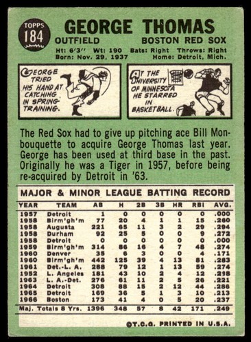1967 Topps #184 George Thomas Boston Red Sox - Picture 2 of 2