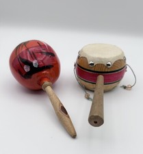 Handheld Twist Monkey Drum and Hand Painted Wooden Maraca Mexico