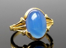 BEAUTIFUL OVAL SHAPED GENUINE BLUE CHALCEDONY GOLD PLATED STERLING SILVER RING 9