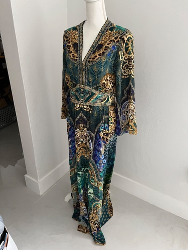 Maxi Abito Greco Lungo Camilla Seta Crepe Verde Turchese Tono Strass - Foto 5 di 11