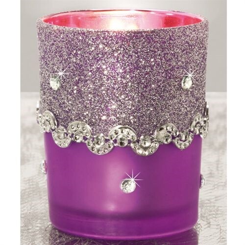 PURPLE GLITTER Glass CANDLE HOLDER W/ Gems Gift NEW Votive Tea Light OR