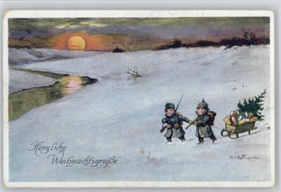 12015797 - Christmas WW I Children in Uniform Get a Christmas Tree Out of the