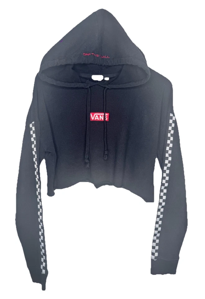 Sudadera con capucha Vans corta negra a cuadros para mujer talla pequeña Foto 2 de 4