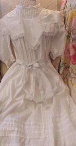 Antique Edwardian Young Girl White Cotton Dress Pintucks Fine Lace Attached Bibb
