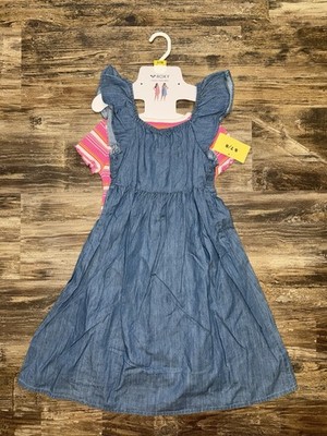 Roxy Girls S 7/8 small Dress Pink and Soft Denim 2-Pack Short Sleeves NWT youth