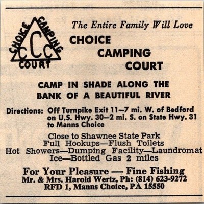 Choice Camping Court Manns Choice PA 1974 Ad TAK6-S74