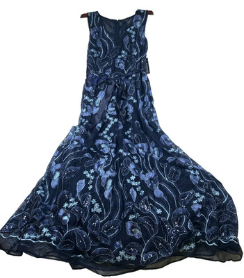 R & M Richards Mother Of The Bride Navy Embroidered Sequin Ribbon Sash Gown 14