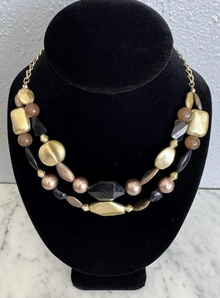 NY&Co. Gold Tone Double Strand Chunky Faux Stone Beaded Choker Necklace 15" - Image 3 of 4