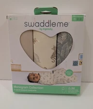 NIB Swaddleme By Ingenuity Monogram Collection Baby 3-pack Swaddles 0-3M Stage 1