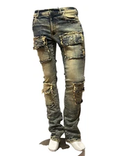 New! Evolution Studs Distressed Pocketed Stacked  Jeans w edge FW-330295B