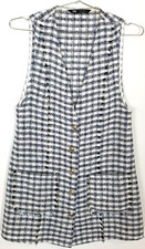 Zara Women Tweed Mini Dress Sz M Blue White Gold Button Fringe Pockets
