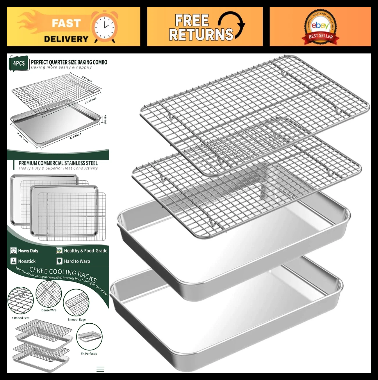 Quarter Sheet Pan Set with Cooling Racks - 2 Nonstick Baking Sheets & Wire Racks