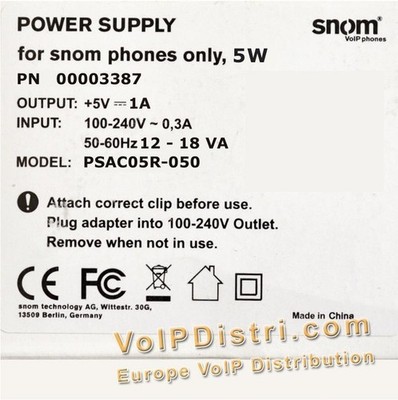 +5V 1A Power Supply for Phone Snom D120/300/320/710/D710 Model 00003387