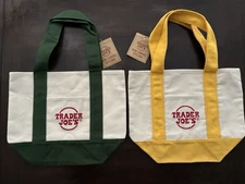 ~ TRADER JOES ~ 2 MINI CANVAS TOTE BAGS ~ GREEN & YELLOW ~ BRAND NEW ~