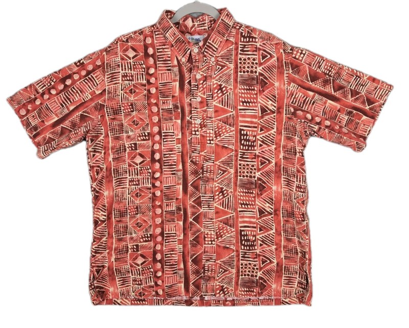 Reyn Spooner Hawaiian Popover Shirt Cotton Barkcloth Red Fiery Tribal Men's XL