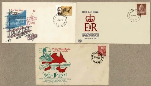 Australia 1949- 1957 lot group FDC x3 inc NSW Postmarks 1/7d QEII Unsealed