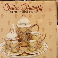 Yellow Butterfly 10pc Mini Porcelain Tea Set 2 Cups Floral Butterfly Boxed