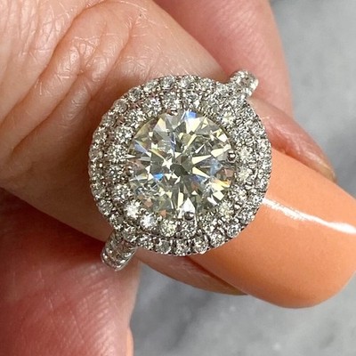 2.64CTW Round Cut Moissanite Double Halo Engagement Ring 14K White Gold Plated