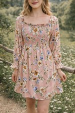 NWT Pink Floral Cottagecore Smocked Ruffled Dress Square Neck Long Sleeve Medium