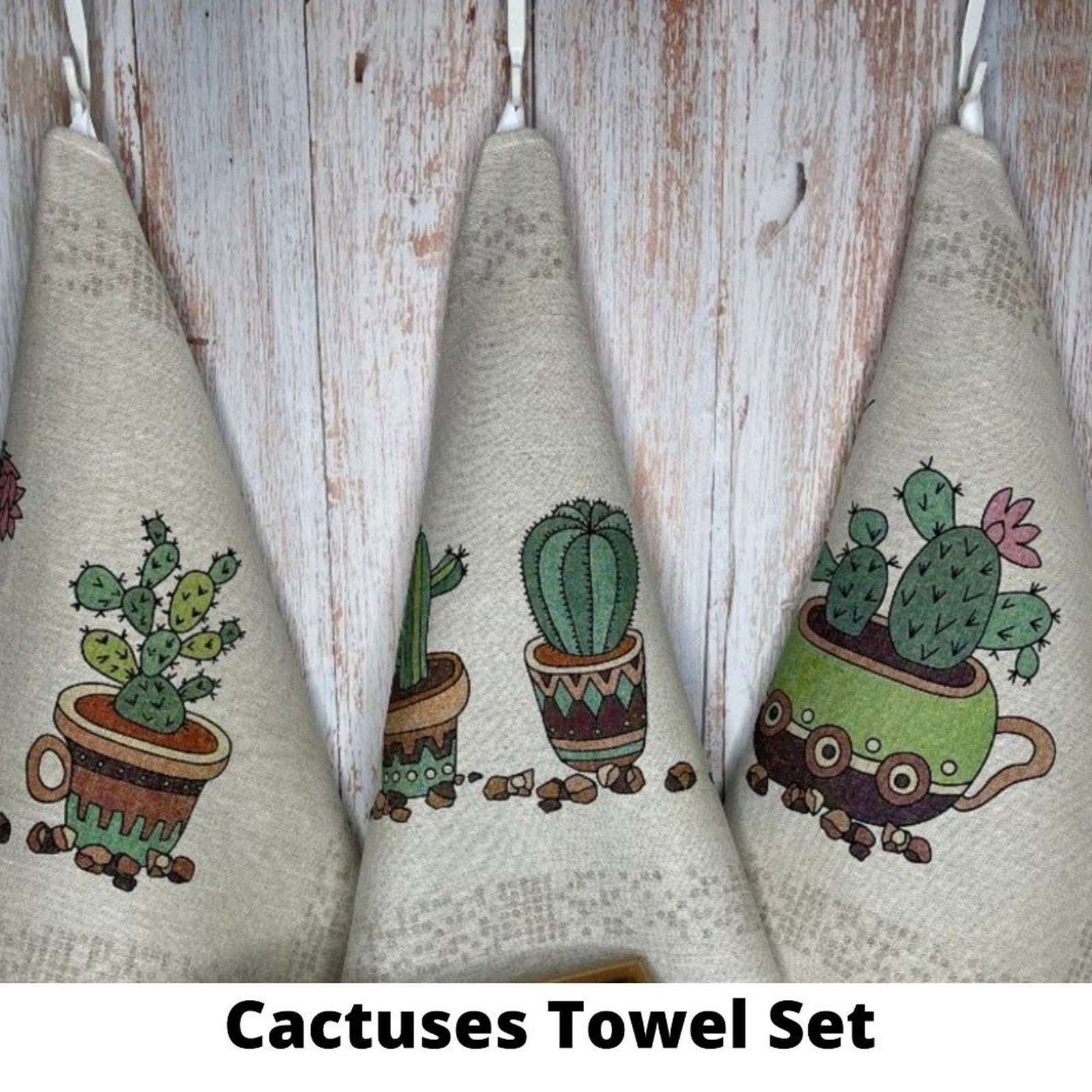 S Linen Set With Loop Cactus Decor Tea Towels(23x18" Each)