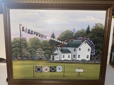 Quadro Amish arte popolare olio su tela "Quilte in vendita" firmato A. Stoltzfus