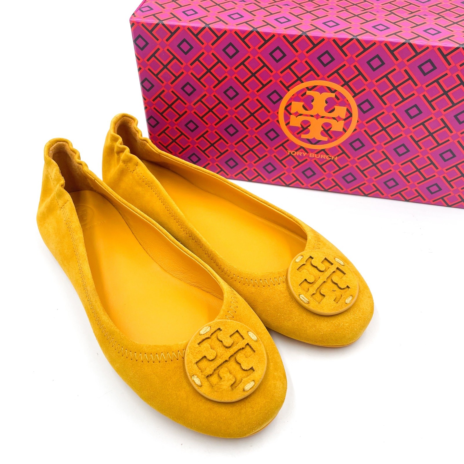 Tory Burch Minnie Travel Ballet Flats Gold Crest Suede Leather Logo Yellow Sz 7 thumbnail 2