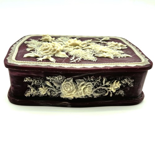 Vintage Large Incolay Stone Jewelry Box Carved Purple Plum Rose 4-Side Floral US