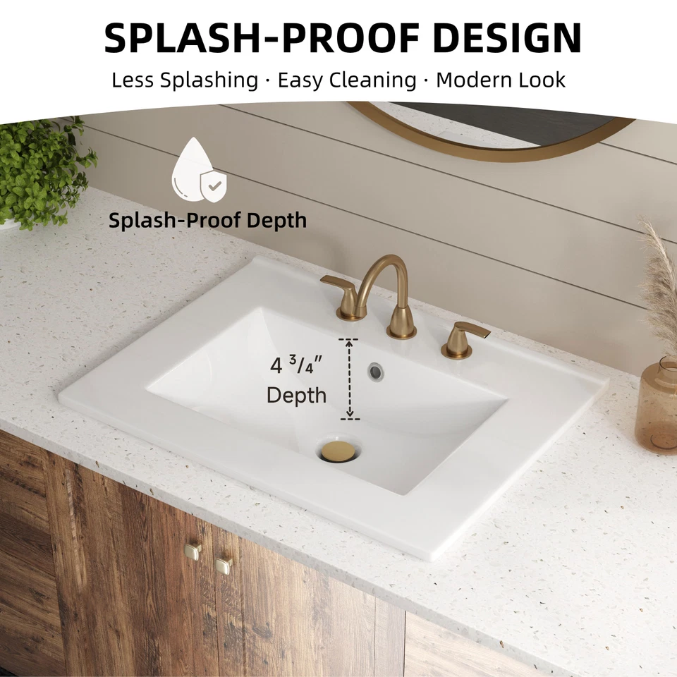 24"x18" White Drop-In Bathroom Sink Ceramic Rectangle 8" Widespread Faucet Hole - Image 4 of 4
