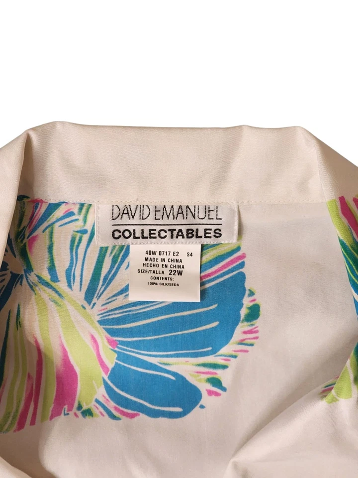 Blusa de Seda David Emanuel Coleccionables 22W Blanca Estampado Floral Botón Frontal Camisa Foto 3 de 4