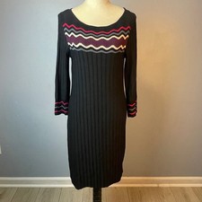Nine West Long Sleeve  Black Knit Dress ZigZag Print Minimalist Office Cozy M 