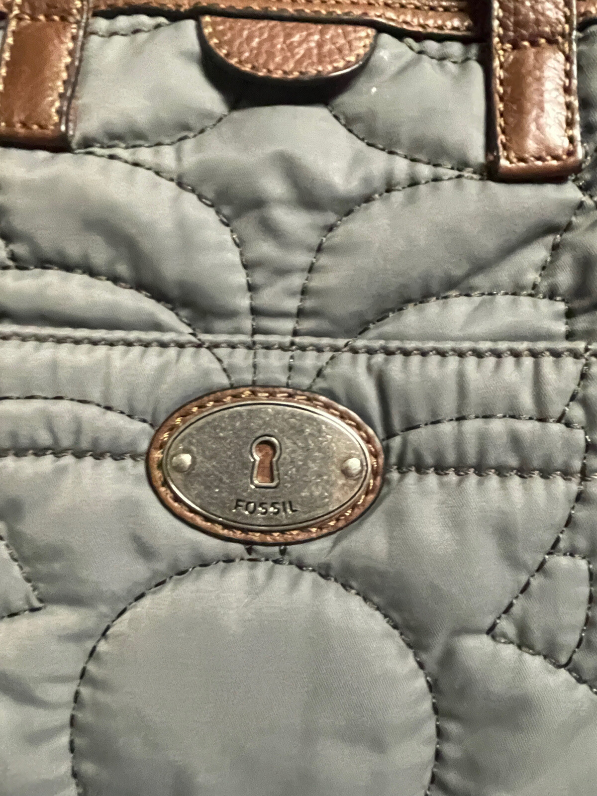 Fossil KeyPer Gray Quilted Fabric Crossbody Bag Purse W/Leather Trim
