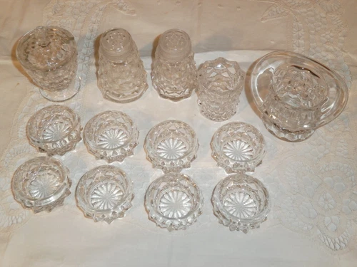 LOT FOSTORIA AMERICAN 8 SALT CELLARS /TOOTHPICK /MUSTARD JAR /SALT & PEPPER