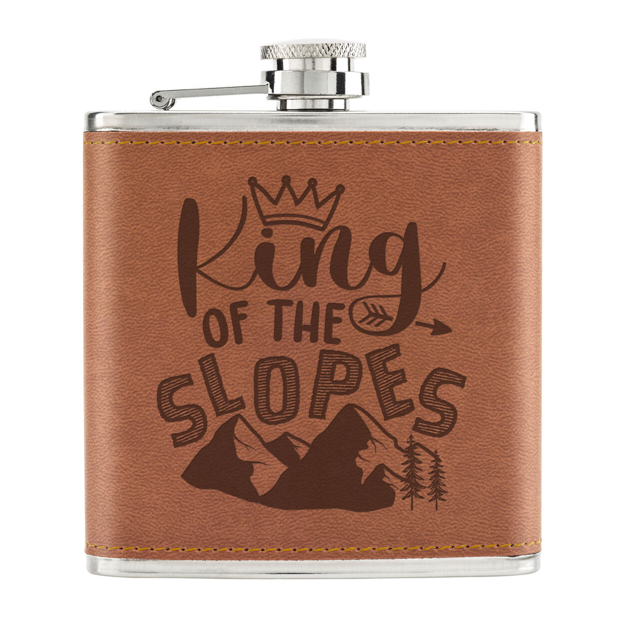 King Of The Slopes 6oz PU Leather Hip Flask Tan Funny Skiing Snowboarding