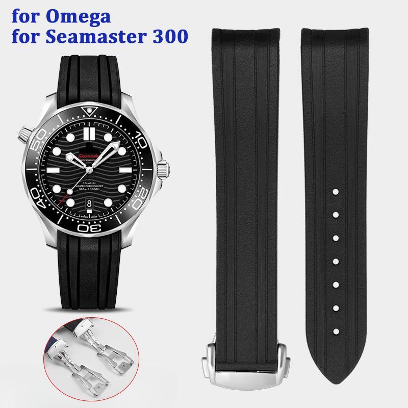 Curved End Rubber Silicone Watchband For Omega Seamaster 300 Waterproof  Straps