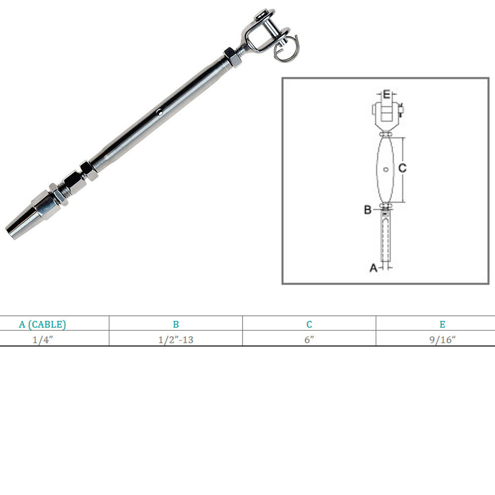 Lot De 4 Tendeurs (turnbuckles) Sans Soudure 1/4" - Mâchoire Pour Câble, Corps 1/2" - Acier Inoxydable - Neuf