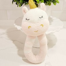 Living Textiles Australia Kenzie Unicorn Baby Soft Pink  White Knit Rattle