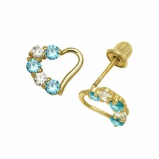 Baby Girl Topaz  Sapphire Heart Shape Stud Earrings Screw Back 14K Yellow Gold